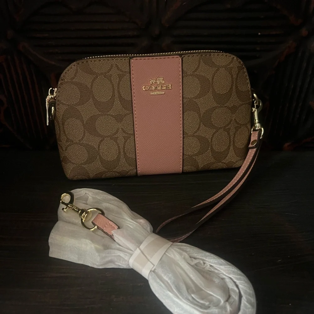 Coach Signature Canvas Wristlet in Pink and Brown with Long Strap